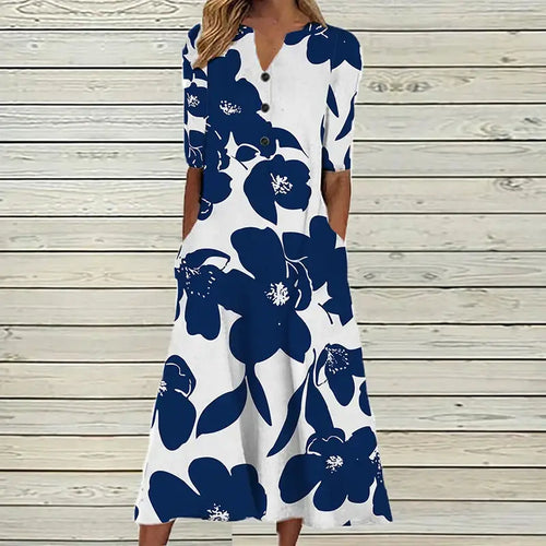 Women's Long Button-Front Dress – Laine – Floral 1