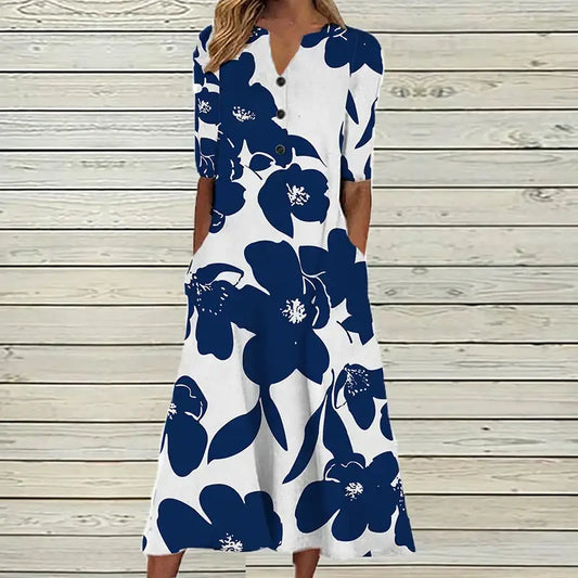Women's Long Button-Front Dress – Laine – Floral 1