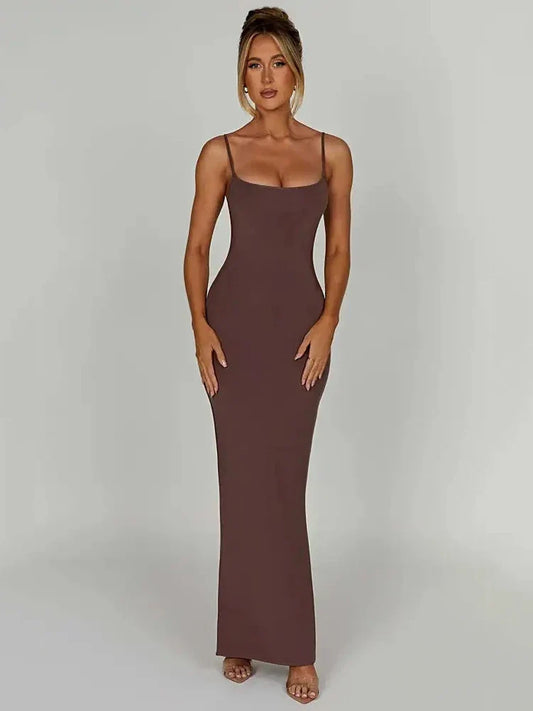 Women's Long Fitted Spaghetti-Strap Dress – Luna – Brown