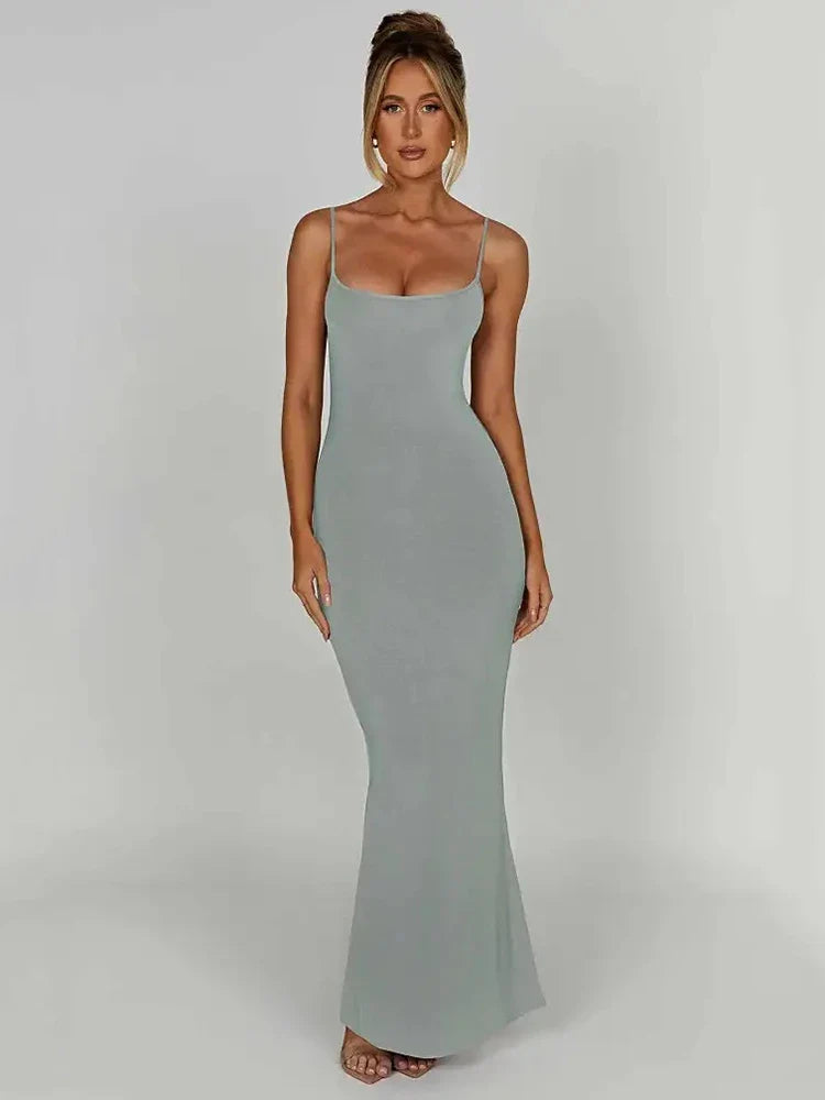 Women's Long Fitted Spaghetti-Strap Dress – Luna – Gray