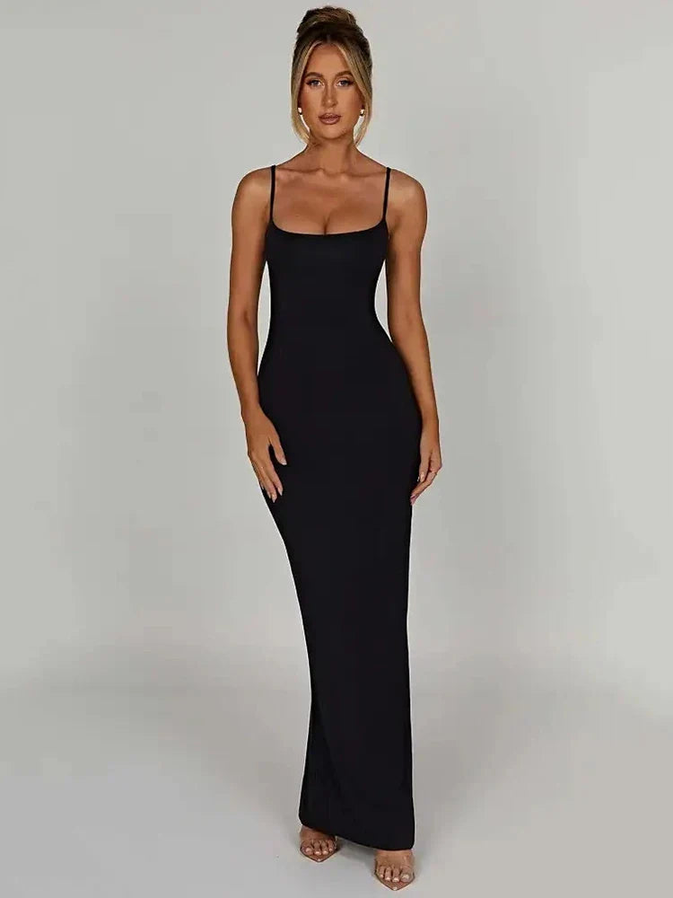 Women's Long Fitted Spaghetti-Strap Dress – Luna – Black