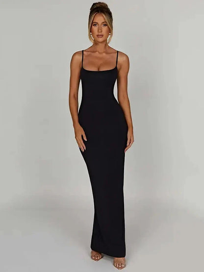 Women's Long Fitted Spaghetti-Strap Dress – Luna – Black