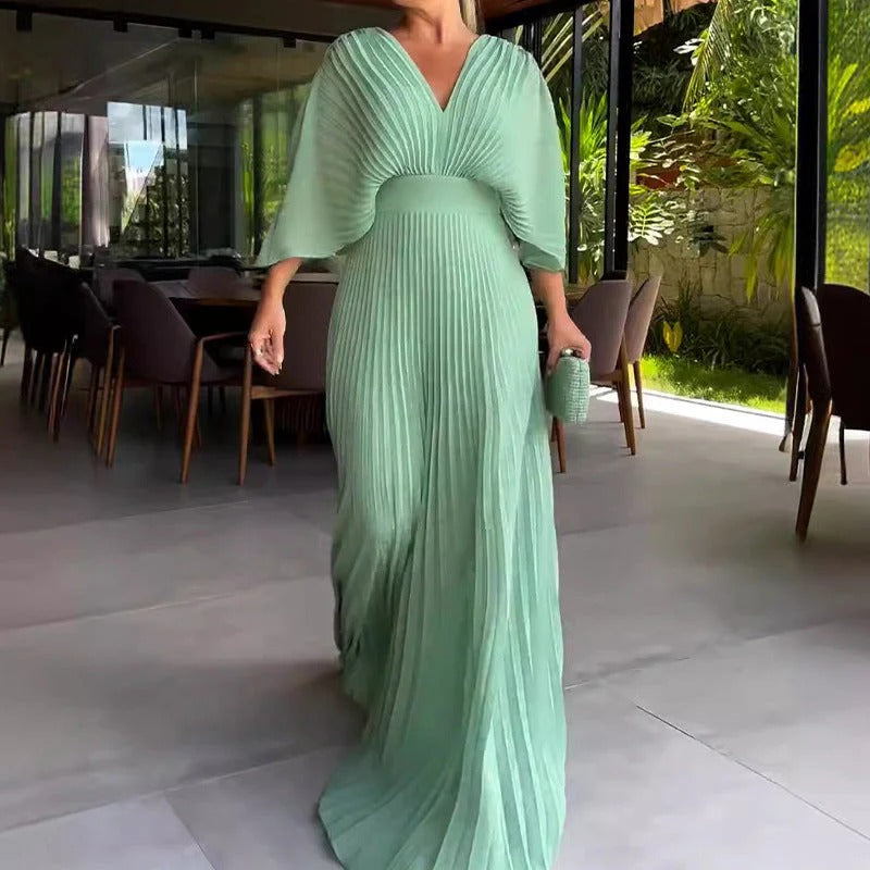 Women's Minimalist Pleated Dress with Deep Neckline – Giovanna – Green