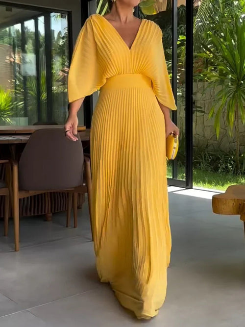 Women's Minimalist Pleated Dress with Deep Neckline – Giovanna – Yellow