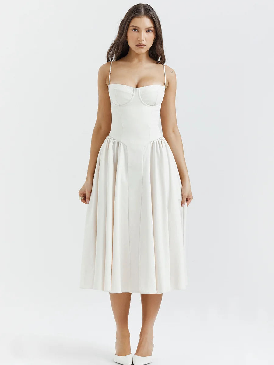 Women's Corset Midi Dress with Straps – Nia – White