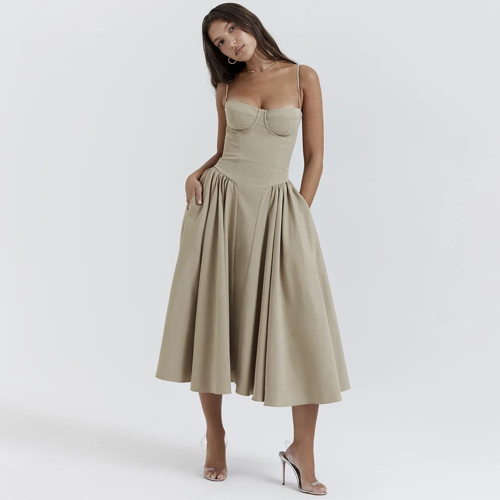 Women's Corset Midi Dress with Straps – Nia – Beige
