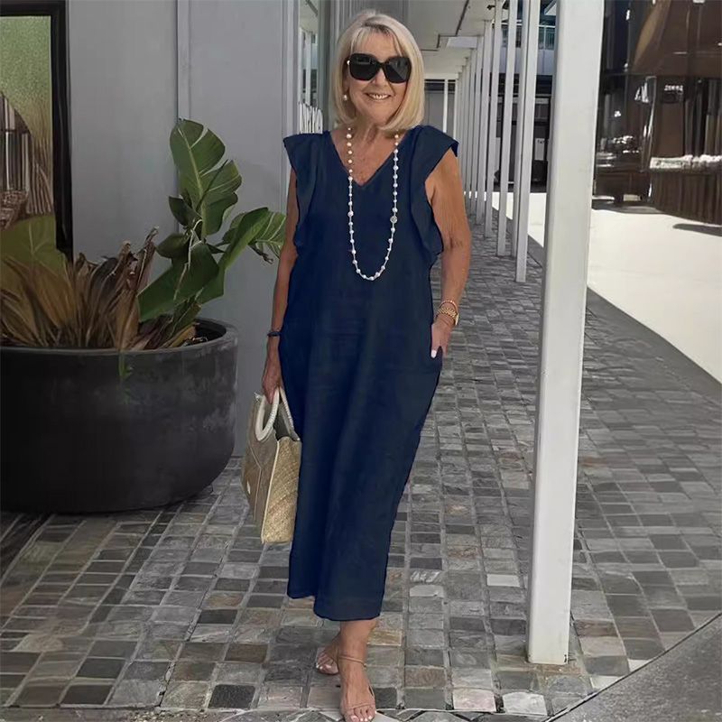 Women's Elegant Linen V-Neck Summer Midi Dress – Isadora – Navy