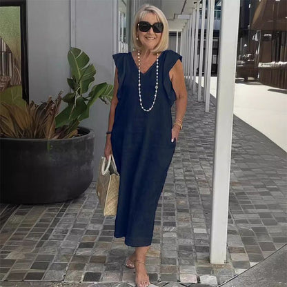 Women's Elegant Linen V-Neck Summer Midi Dress – Isadora – Navy