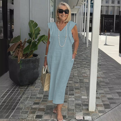 Women's Elegant Linen V-Neck Summer Midi Dress – Isadora – Light Blue