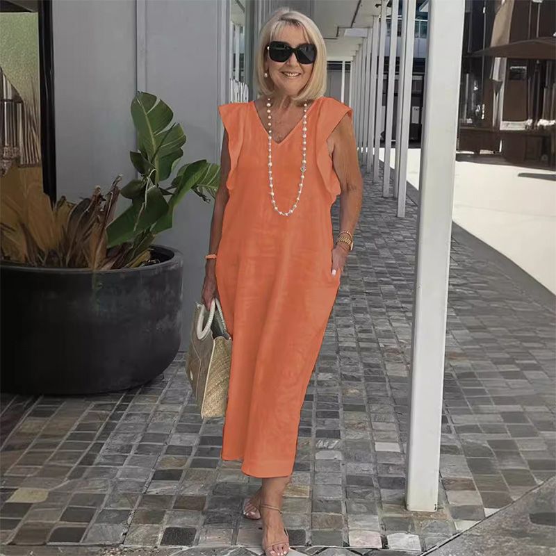 Women's Elegant Linen V-Neck Summer Midi Dress – Isadora – Orange