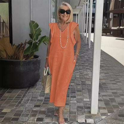 Women's Elegant Linen V-Neck Summer Midi Dress – Isadora – Orange