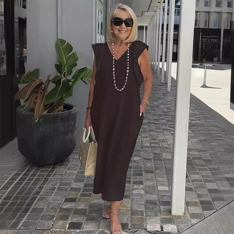 Women's Elegant Linen V-Neck Summer Midi Dress – Isadora – Black