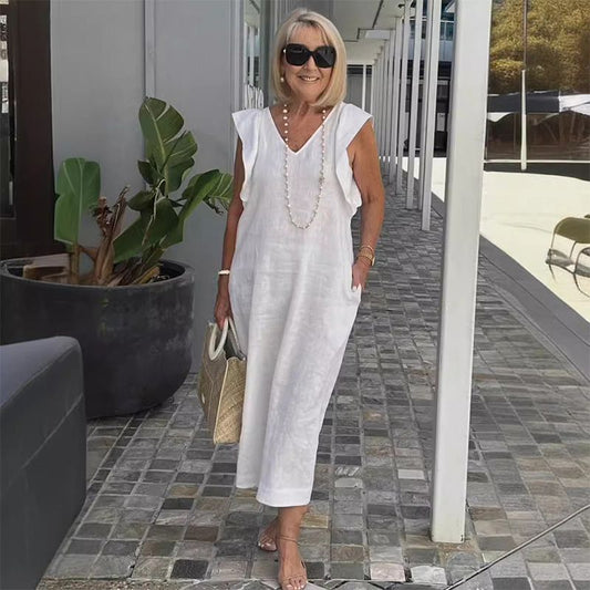 Women's Elegant Linen V-Neck Summer Midi Dress – Isadora – White