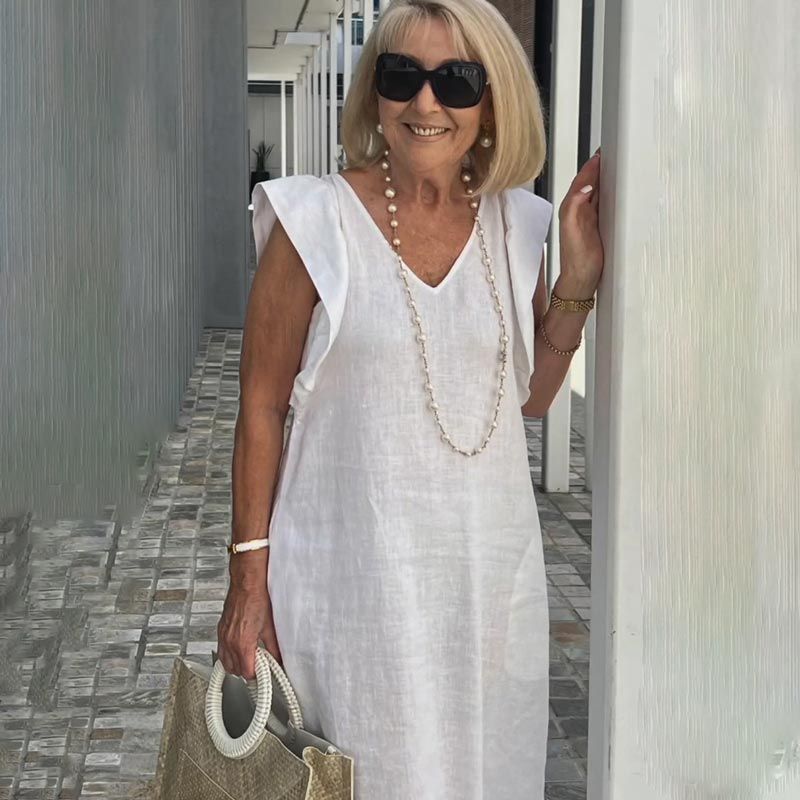 Women's Elegant Linen V-Neck Summer Midi Dress – Isadora – view 2