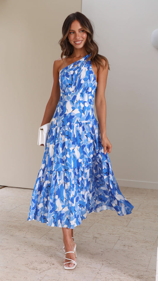 Women's One-Shoulder Printed Midi Dress with Pleated Skirt – Jayme
