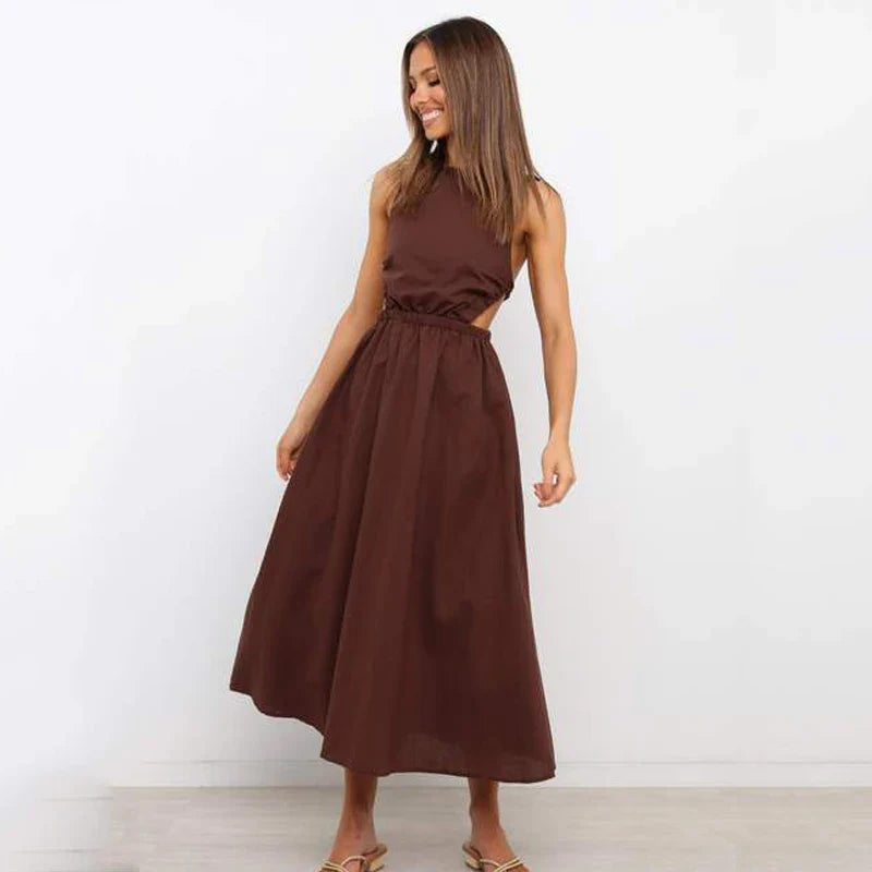 Women's Backless Midi Tank Dress – Ruby – Brown