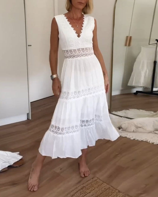 Lace V-Neck Tank Dress – Olive – White