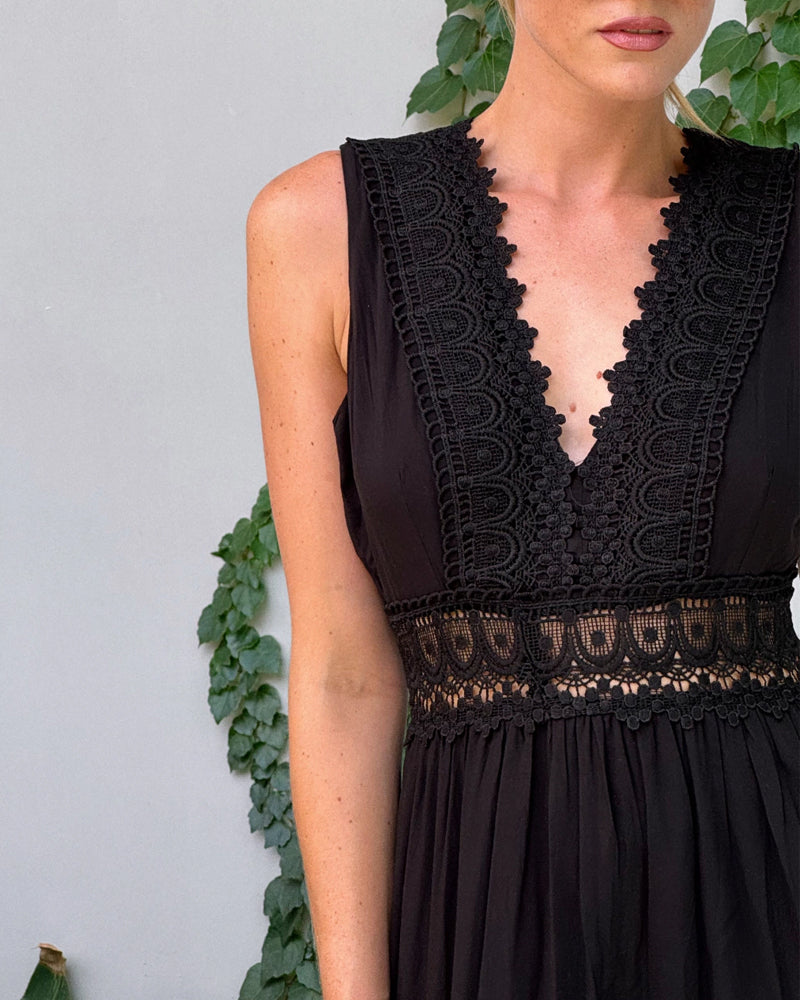 Lace V-Neck Tank Dress – Olive – Black