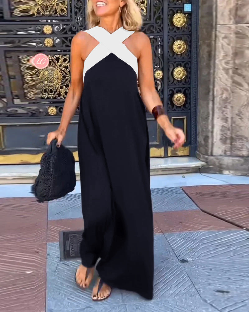 Sleeveless Dress with Crossover Halter Neck – Athena – Black / White
