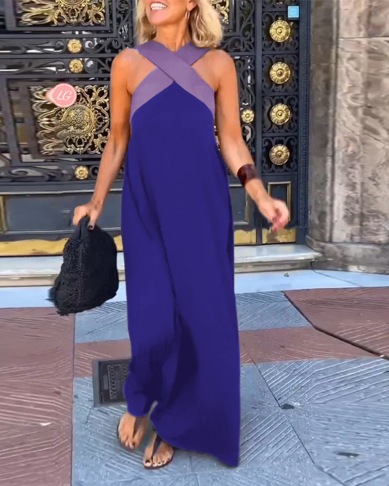 Sleeveless Dress with Crossover Halter Neck – Athena – Blue