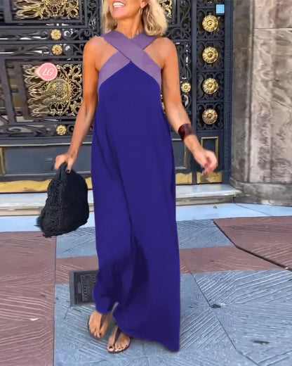 Sleeveless Dress with Crossover Halter Neck – Athena – Blue