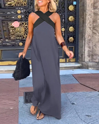 Sleeveless Dress with Crossover Halter Neck – Athena – Gray