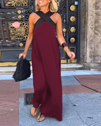 Sleeveless Dress with Crossover Halter Neck – Athena – Burgundy