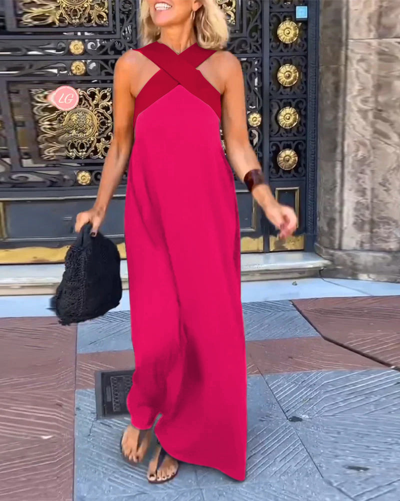 Sleeveless Dress with Crossover Halter Neck – Athena – Pink