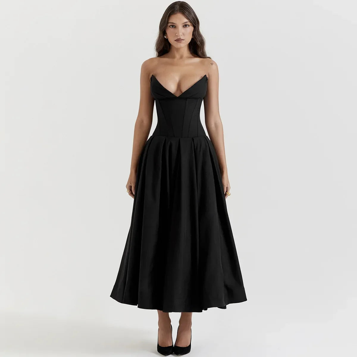 Women's Strapless V-Neck Dress – Ines – Black