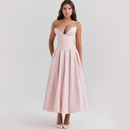 Women's Strapless V-Neck Dress – Ines – Pink