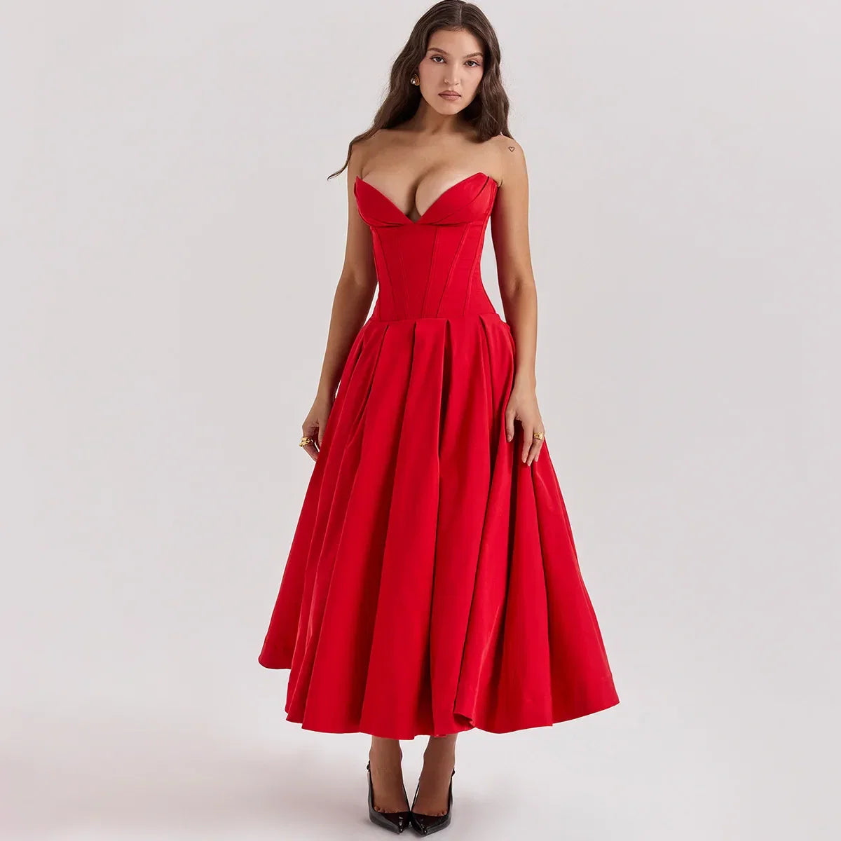Women's Strapless V-Neck Dress – Ines – Red