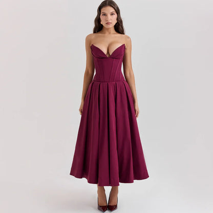 Women's Strapless V-Neck Dress – Ines – Magenta